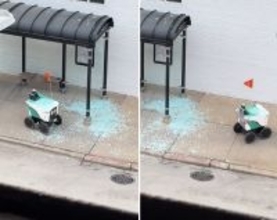 ガシャコーン！食品配送ロボットがバス停留場のガラスに激突し逃走