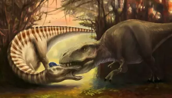 痛恨の一撃！ティラノサウルスの歯が顔面に突き刺さった状態の恐竜の化石