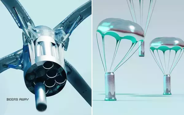 ビール缶配達専用のドローン、ミニパラシュートを使って缶を投下