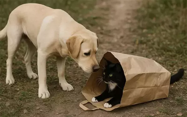 犬が公園に落ちていた紙袋の中から猫を発見、そこから家族になるまでの物語