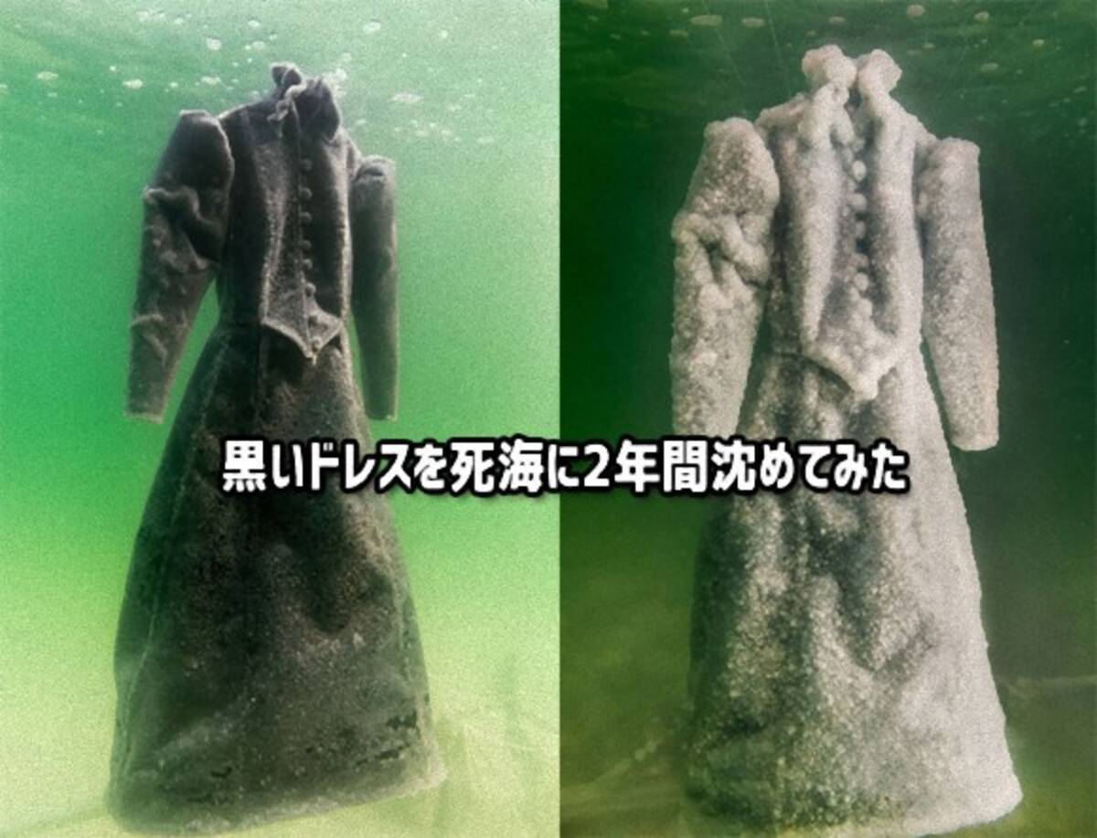 真っ黒のドレスを死海に2年間沈めてみたところ 白いウエディングドレスが出来上がったようだ 16年8月27日 エキサイトニュース