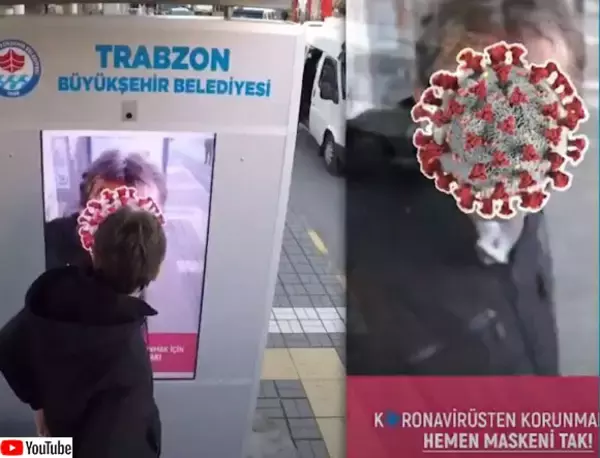 マスクをしていない人の顔がコロナウイルスに変化。トルコのバス停のユニークな感染予防対策