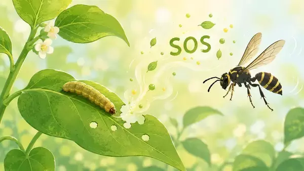 植物はイモムシに食べられそうになるとSOSを発しハチに助けを求める。その仕組みを解明
