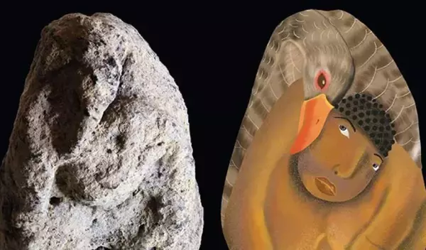 女性を抱くガチョウの粘土像、人と動物の絆を示す1万2000年前のアニミズムの世界