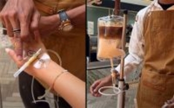 点滴スタイルで飲み物を提供するバリ島のカフェ