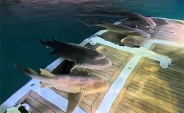 ボートの上がサメの駐車場に！デッキに乗り込んでリラックスするコモリザメ