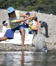 「仁淀ブルー」に石の波紋描く　高知で水切り大会、155人競う