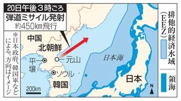 北朝鮮が短距離弾道弾発射　日本海に、EEZ外落下