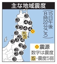 宮城県で震度5弱　M6.4、津波なし