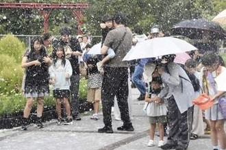 「とっとり花回廊」でイベント　季節外れの雪に大歓声