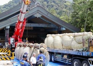 出雲大社で「しめ縄」かけ替え　長さ13メートル、8年ぶり新調