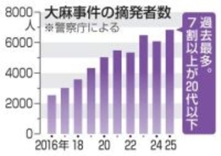 25年大麻摘発、最多6832人　20代以下7割、若者へまん延