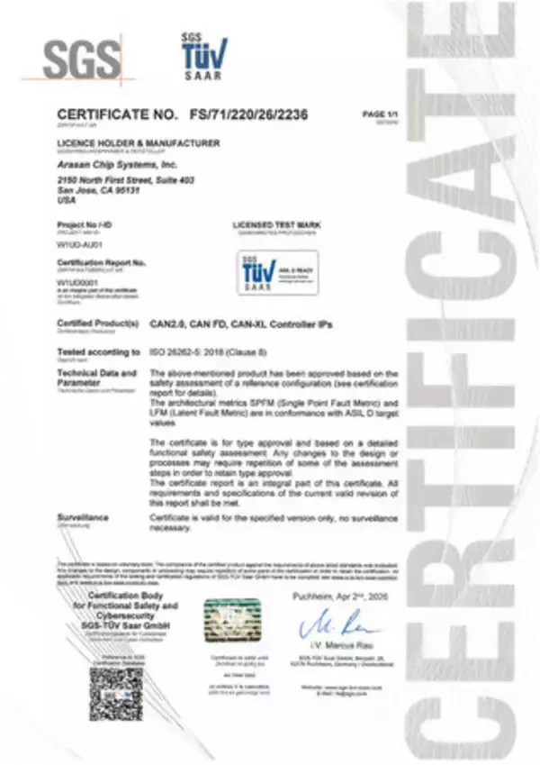 Arasan、CAN XL IPコアで業界初のASIL-D認証を取得