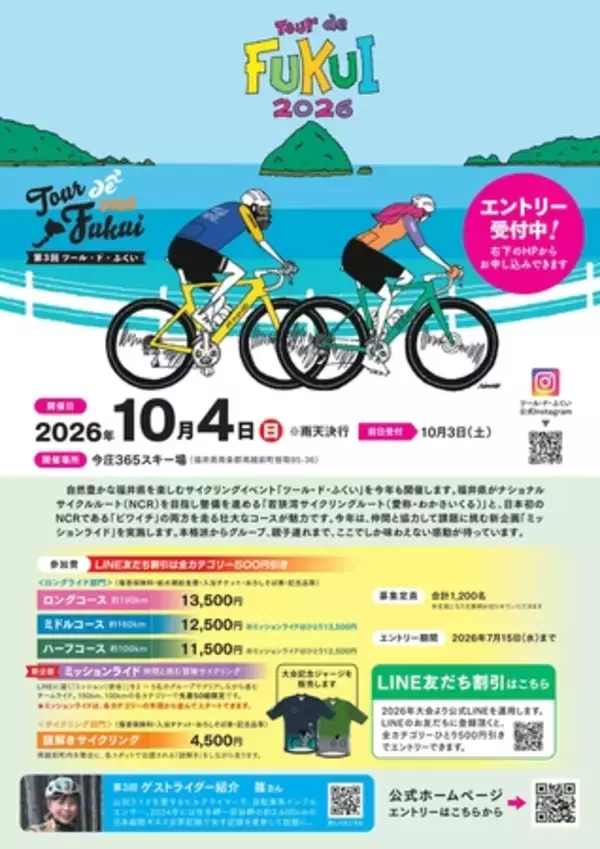 「風光明媚な福井県のコースを疾走する「第3回ツール・ド・ふくい」、2026年10月4日(日)に開催。」の画像