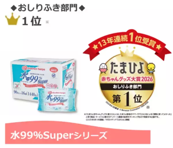 『たまひよ 赤ちゃんグッズ大賞2026』「水99％Superシリーズ」が13年連続1位を獲得！
