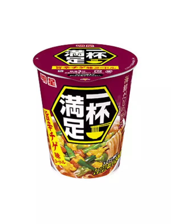 「｢明星 一杯満足 旨辛チゲ味ヌードル / きつねうどん｣8月3日(月)新発売、｢明星 一杯満足｣3品7月上旬ﾘﾆｭｰｱﾙ」の画像