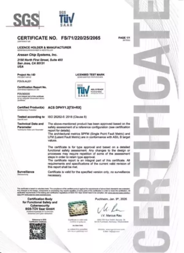 Arasanが提供する超低消費電力MIPI D-PHY IPがISO26262認証を取得