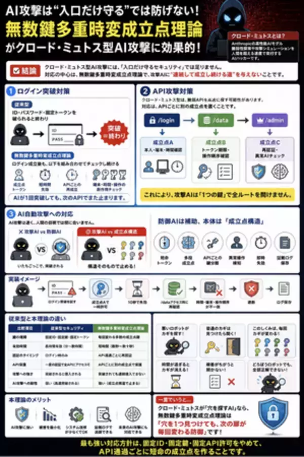 「情報漏洩をなくす、漏洩しても次の被害につなげない未来を目指す無数鍵多重時変成立点理論の6件目特許取得」の画像