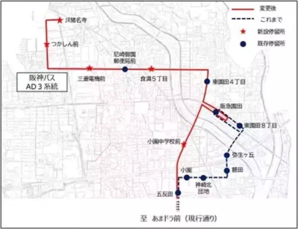 「園田西武庫線の新藻川橋の開通に伴う 阪神バス路線の一部ルートの変更について」の画像