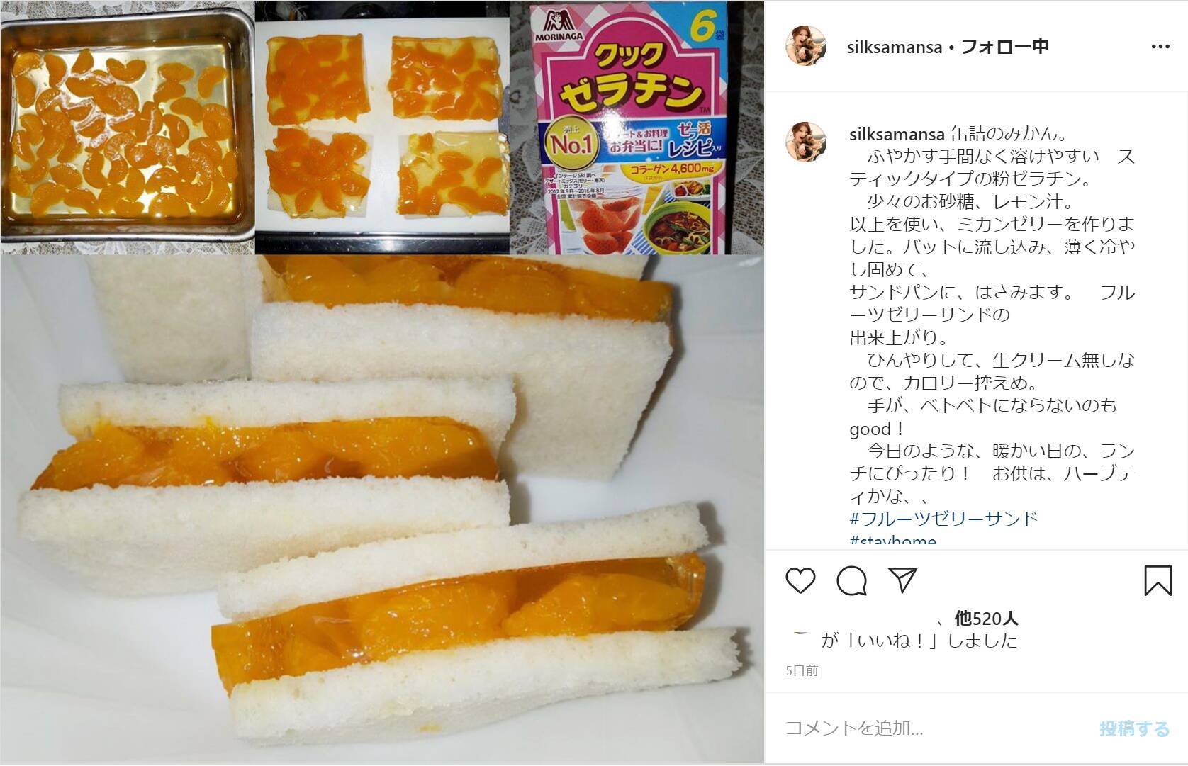 シルク姉さん発 カロリー控えめ フルーツゼリーサンド に反響 初めて見た 真似してみます 年4月28日 エキサイトニュース