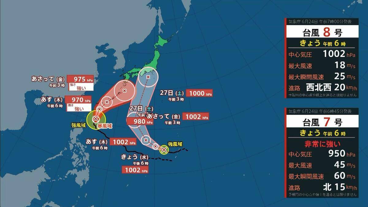 【台風情報】ダブル台風「7号＆8号」週末に本州へ接近か…近畿・関東地方には27日（土）ごろ近づく可能性【進路・雨風シミュレーション】