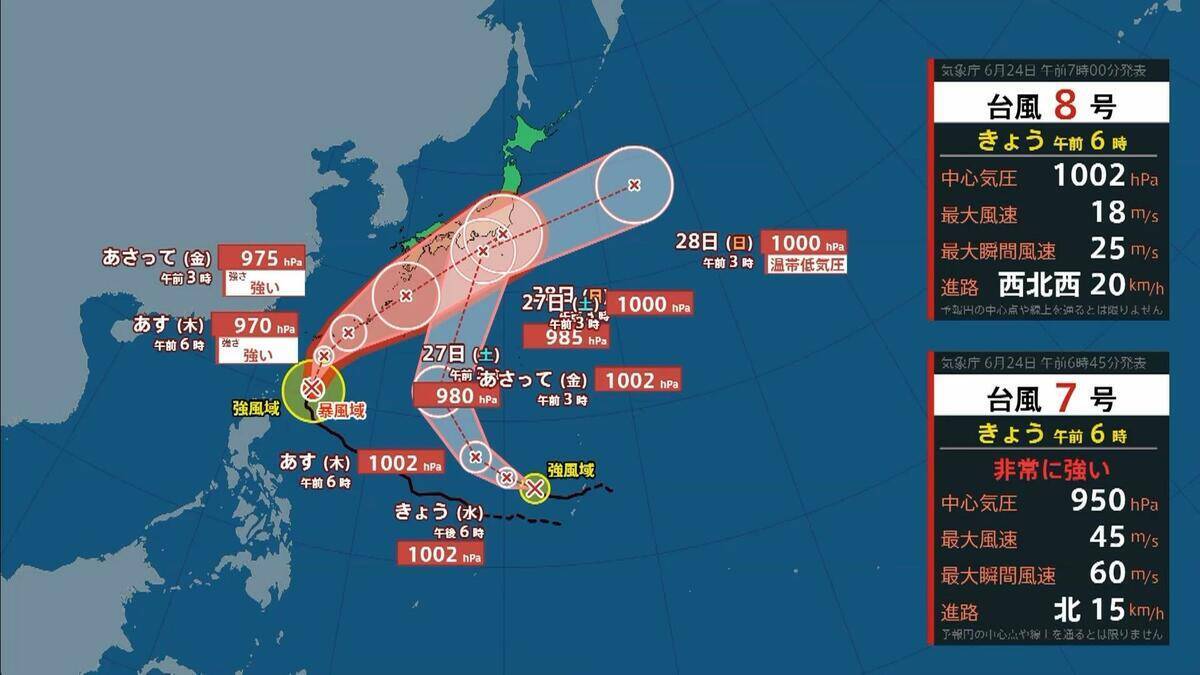 【台風情報】ダブル台風「7号＆8号」週末に本州へ接近か…近畿・関東地方には27日（土）ごろ近づく可能性【進路・雨風シミュレーション】