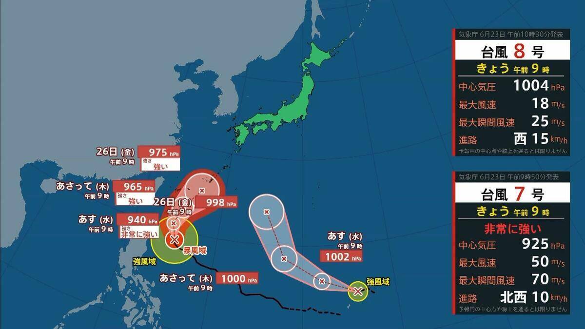 ダブル台風＋梅雨前線の停滞　和歌山県で警報級の雨おそれ　長崎県で300ミリ、熊本県で200ミリの予想　局地的に激しい雨や非常に激しい雨【台風7号　台風8号】