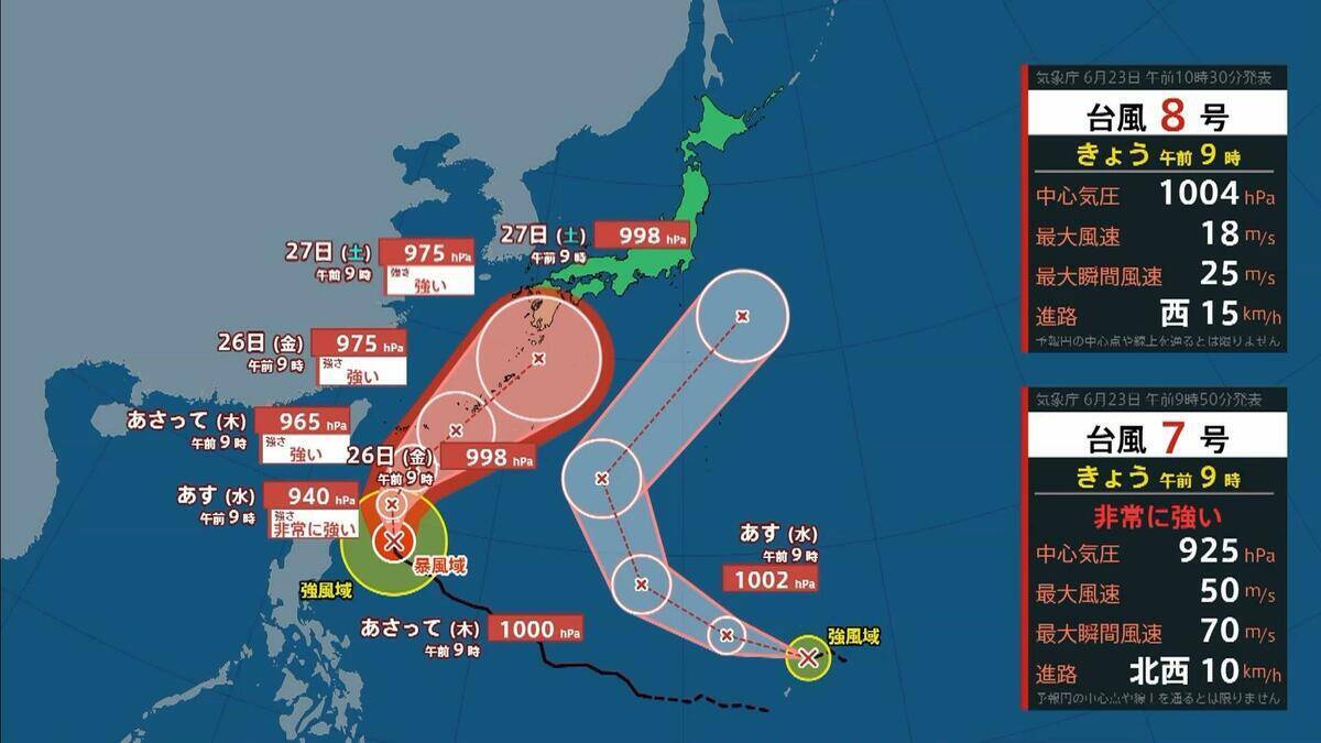 ダブル台風＋梅雨前線の停滞　和歌山県で警報級の雨おそれ　長崎県で300ミリ、熊本県で200ミリの予想　局地的に激しい雨や非常に激しい雨【台風7号　台風8号】