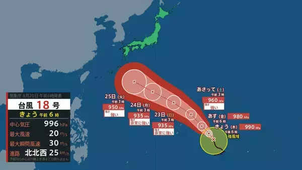 台風18号が発生　この先「非常に強い」勢力に発達　最大瞬間風速は65メートルの予想　日本の南へ進む予想　沖縄や南西諸島接近の可能性は…【気象庁　進路予想】