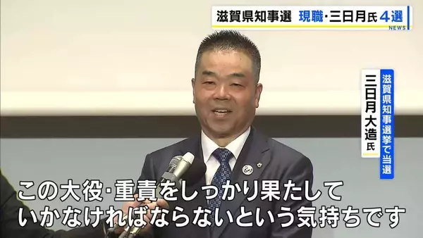 【滋賀県知事選挙】現職・三日月大造氏が新人3人をやぶり4回目の当選「大役・重責を果たしていかなければ」　投票率は前回より14.87ポイント↓