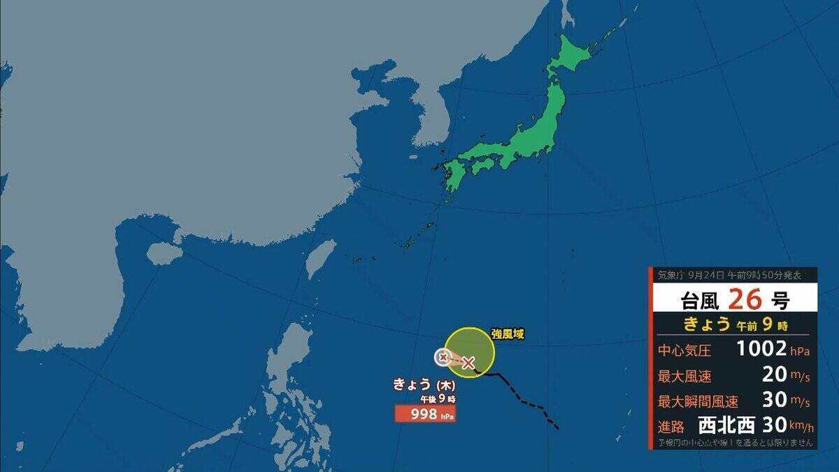 【台風情報】台風26号（スリゲ）発生　26日には暴風域を伴って沖縄の南へ　27日午前には“強い勢力”に発達の見込み　最大瞬間風速は“電柱や街灯も倒れる”55メートルに　【雨と風最新シミュレーション】