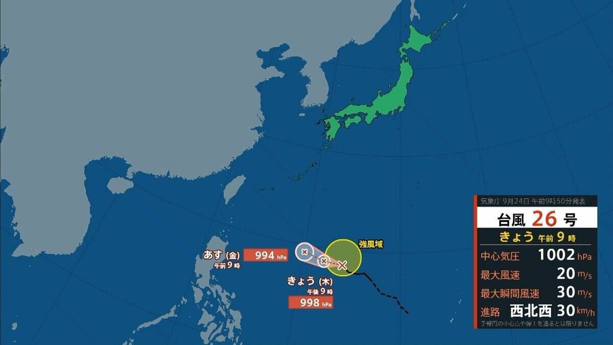 【台風情報】台風26号（スリゲ）発生　26日には暴風域を伴って沖縄の南へ　27日午前には“強い勢力”に発達の見込み　最大瞬間風速は“電柱や街灯も倒れる”55メートルに　【雨と風最新シミュレーション】