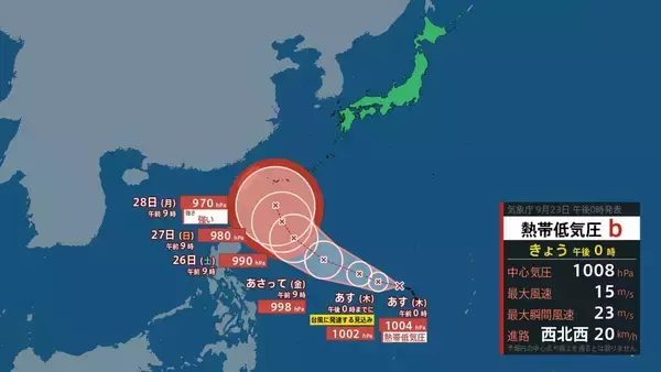 【台風のたまご】フィリピンの東にある「熱帯低気圧」が24時間以内に台風に　27日には「暴風域」を伴って沖縄の南に到達し「強い」勢力へ　最大瞬間風速は“走行中のトラックも横転する”50メートルにも
