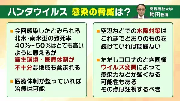 「【ハンタウイルス】致死率40%の型も…パンデミックはあり得る？専門家「医療体制次第で治療可能」一方で「ウイルス変異によって感染力が強くなる可能性」指摘　ヒト→ヒト感染の『アンデス株』クルーズ船乗客から検出」の画像
