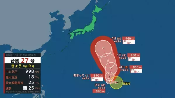 【台風27号（チョーイワン）発生】熱帯低気圧から台風に　今後「強い」勢力に発達し小笠原諸島に進む見込み　 気象庁最新シミュレーション