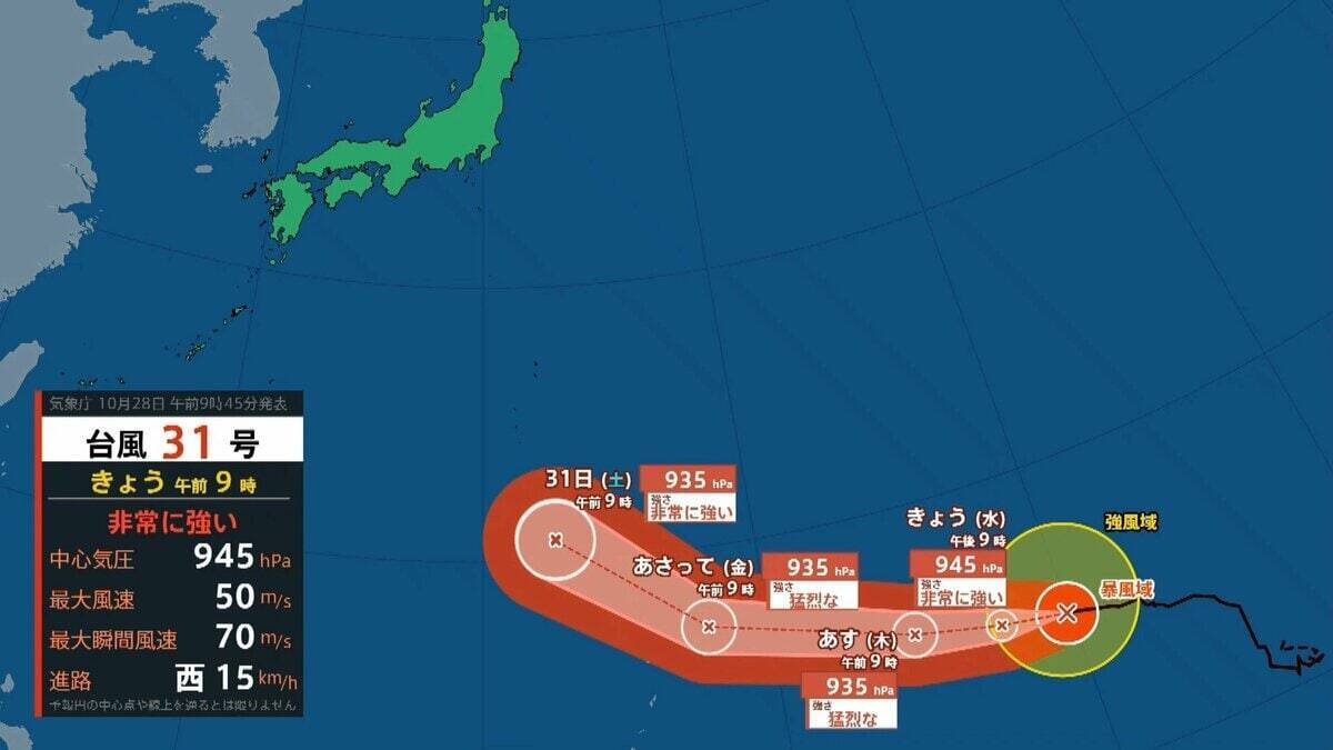 【台風情報】台風31号「インファ」は一時「猛烈な」勢力にまで発達へ　最大瞬間風速は75メートル　「非常に強い」勢力を保ったまま日本の南へ