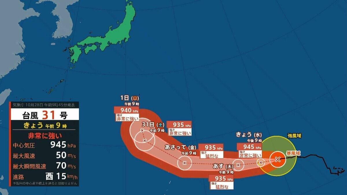 【台風情報】台風31号「インファ」は一時「猛烈な」勢力にまで発達へ　最大瞬間風速は75メートル　「非常に強い」勢力を保ったまま日本の南へ