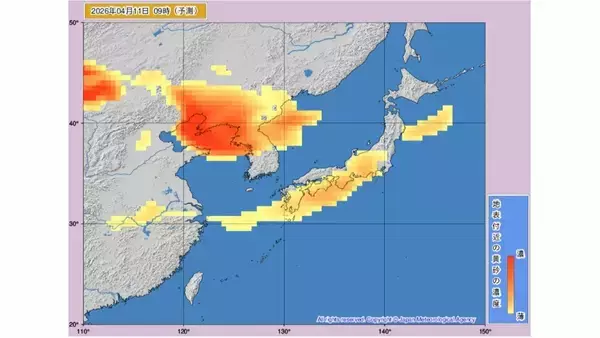 「【黄砂情報】11日ー12日に日本に黄砂接近か　いつどのあたりに？気象庁が予測【黄砂シミュレーション】」の画像