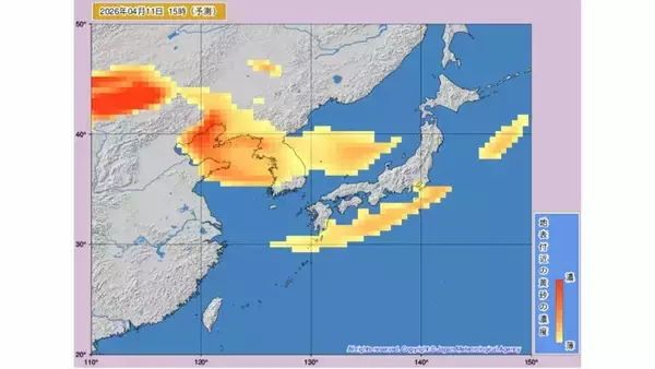 「【黄砂情報】11日ー12日に日本に黄砂接近か　いつどのあたりに？気象庁が予測【黄砂シミュレーション】」の画像