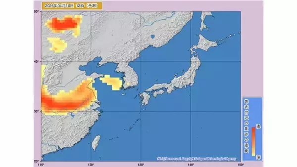 「【黄砂情報】11日ー12日に日本に黄砂接近か　いつどのあたりに？気象庁が予測【黄砂シミュレーション】」の画像