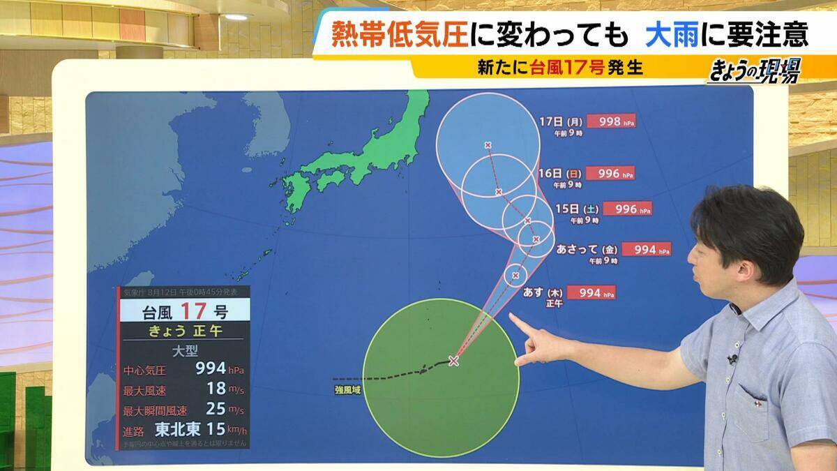 【新・台風17号（ナンカー）発生】逆走台風15号は熱帯低気圧に　引き続き大雨に注意を　13日(木)午前まで「滝のように降る」か…お盆の近畿の天気は？最新情報に注意【MBS前田智宏気象予報士の解説】