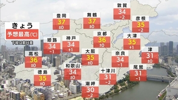 【近畿の天気】7/19(日)午後　熱中症に要警戒…最高気温34℃～37℃の所も