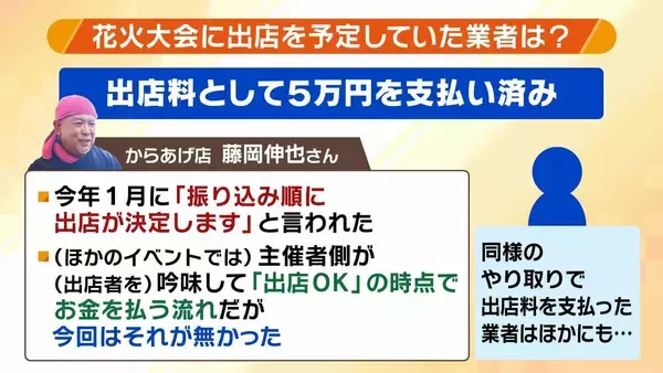 「【実態は?】突如中止の『琵琶湖三市同時花火大会』SNSで"1万発"宣伝も…琵琶湖の形が変？3市は「関与せず」と注意喚起　出店料5万円を払った業者は「損失大きい」と嘆き　法的な問題は」の画像