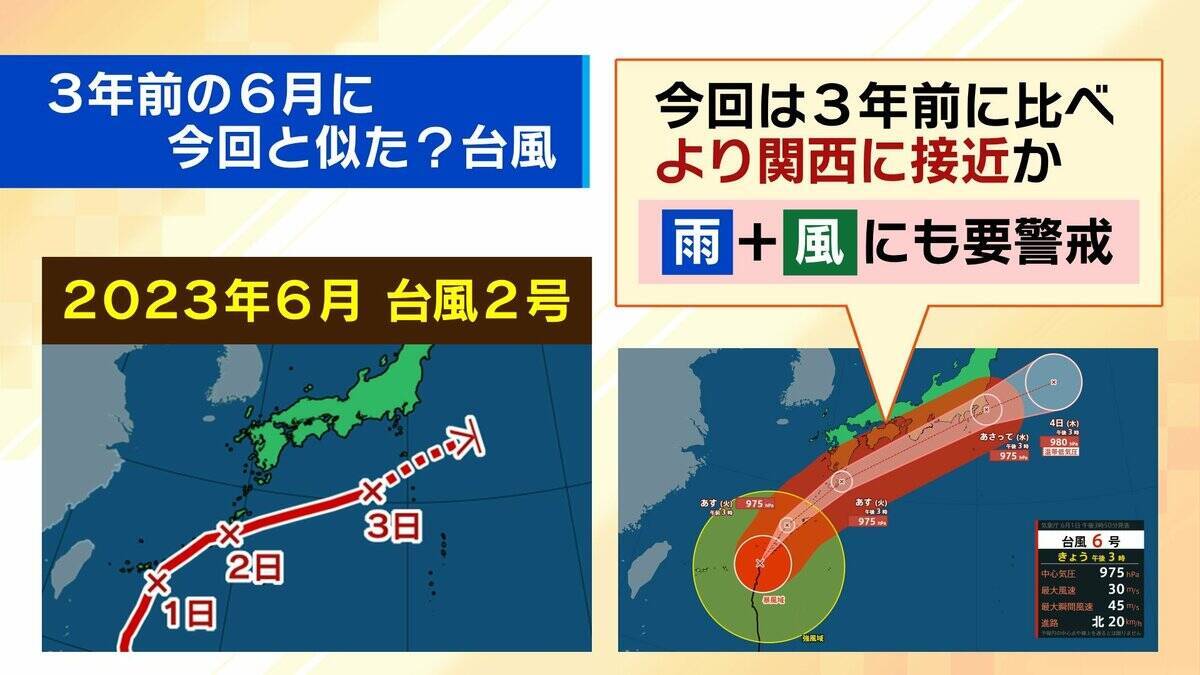 【台風6号】6月の台風は珍しいが…湿った空気が梅雨前線を活発化⇒大雨になりやすい？3年前の“似た進路の台風”と比較　2日夜 〜3日午前に関西最接近おそれ…今知っておきたい「新たな防災気象情報」【気象予報士解説】