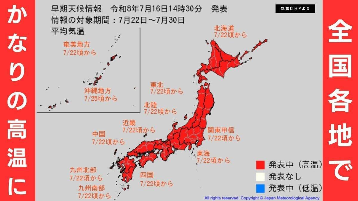 【熱中症警戒】全国で1370人搬送　先週比で約3.3倍（7月6日～12日）　22日ごろから全国各地で「かなりの高温」の見込み　北海道・東北・北陸・関東甲信・東海・近畿・四国・中国・九州・沖縄・奄美地方が対象に　気象庁が『早期天候情報』発表