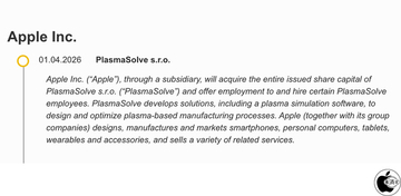 EUの公開情報から、AppleがPlasmaSolveを買収したことが明らかに