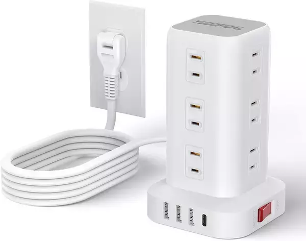 Amazon、YudoficalのACコンセント12個搭載タワー型電源タップ「ZYC06-W」を2,698円で販売中（クーポン適用）