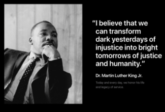 米Apple、トップページに、Martin Luther King, Jr. Dayに合わせ、マーティン・ルーサー・キング・ジュニア氏の写真を掲載（2022）