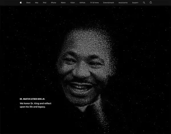 米Apple、トップページに、Martin Luther King, Jr. Dayに合わせ、マーティン・ルーサー・キング・ジュニア氏の写真を掲載（2026）
