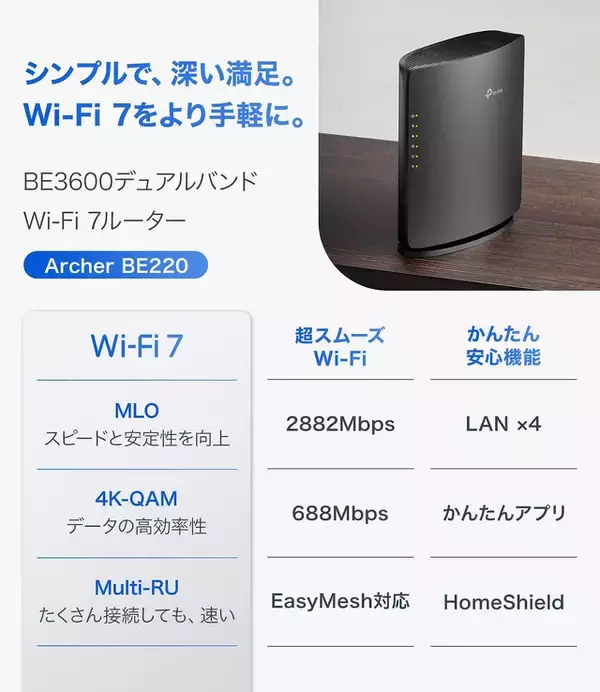 Amazon、TP-Linkの3.6GbpsデュアルバンドWi-Fi 7対応無線ルーター「Archer BE220」を6,490円で販売中（新生活セール）